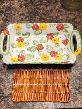Like New Cond. Temp-tations Hand-Painted Floral Ceramic Serving Tray